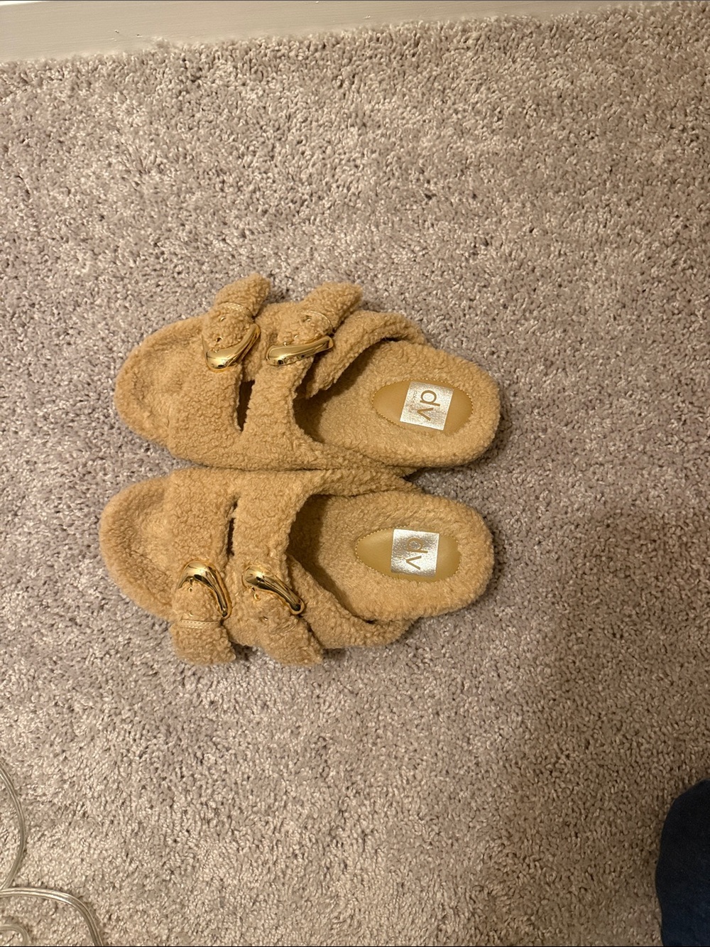 DV by Dolce Vita Teddy Shearling Slide Sandals in Camel with Gold Buckles